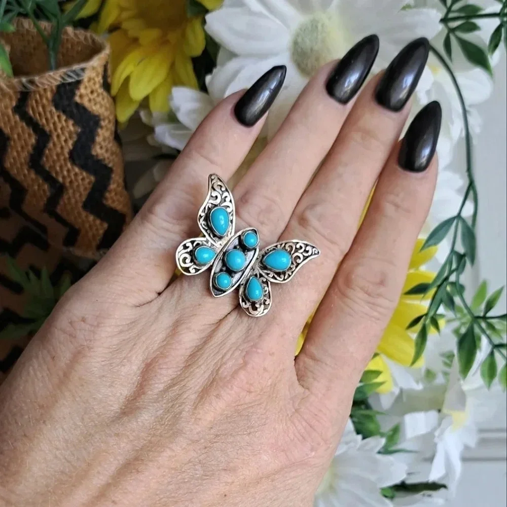 Hand Crafted Natural Sleeping Beauty Turquoise Butterfly Ring.